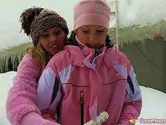 Free Porn Lesbian Chicks Warming Up By Having Sex Outdoors In The Snow